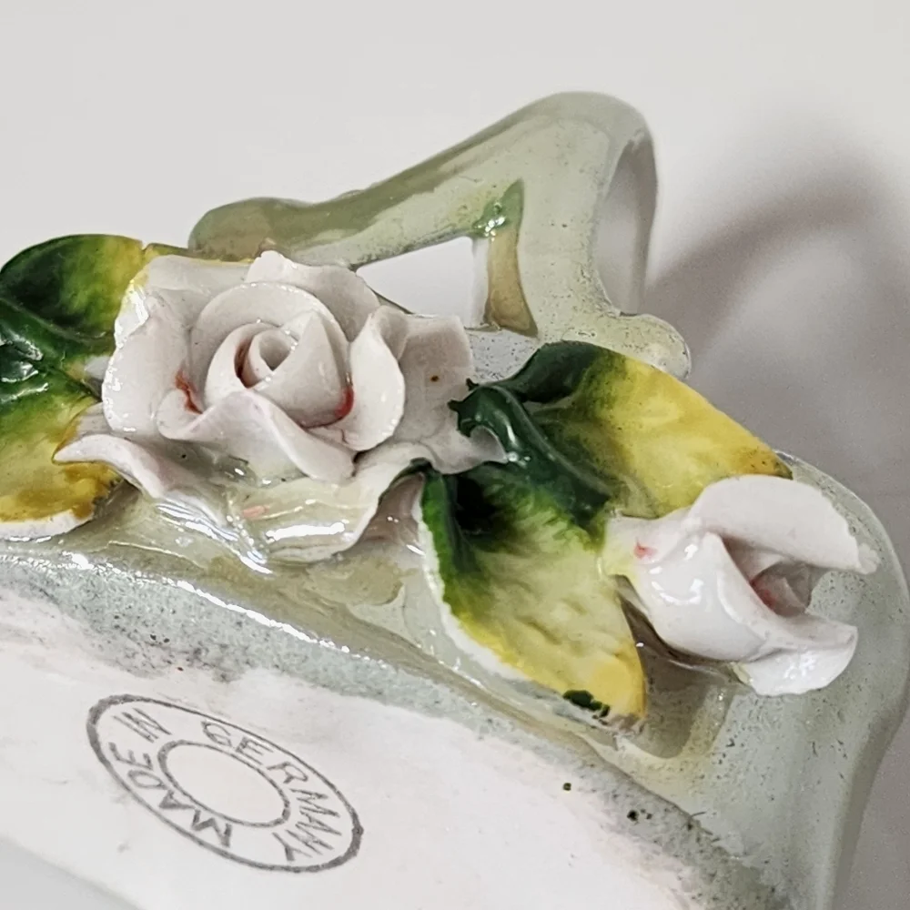 Vtg German Elfinware Porcelain Lusterware Green Miniature Rose Floral Basket